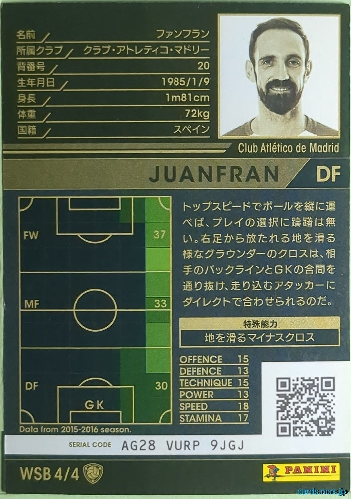 Panini WCCF Football WCCF/2015-2016-WSB4/4 N Juanfran Trading Card NM
