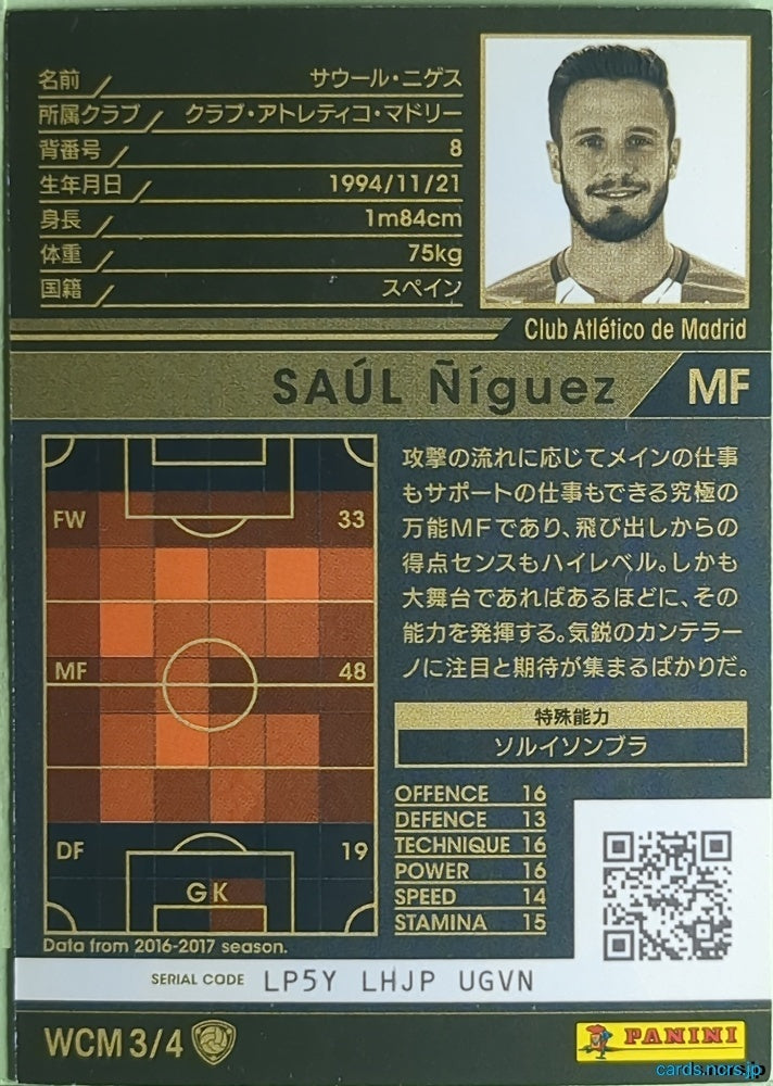 Panini WCCF Football WCCF/2017-2018-WCM3/4 N Saúl Ñíguez Trading Card NM