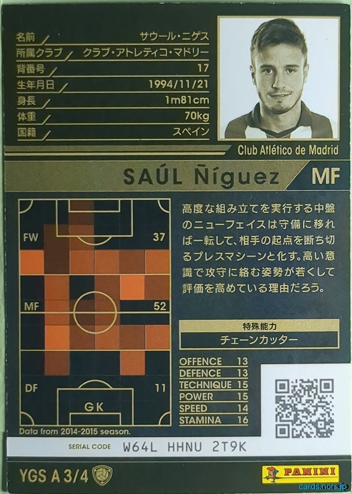 Panini WCCF Football WCCF/2014-2015-YGSA3/4 N Saúl Ñíguez Trading Card NM