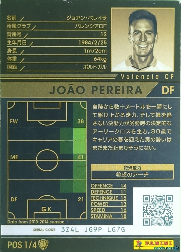 Panini WCCF Football WCCF/2013-2014-POS1/4 N João Pereira Trading Card NM