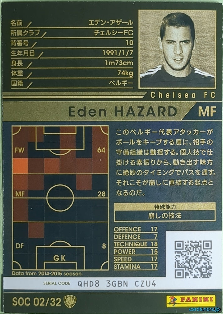 Panini WCCF Football WCCF/2014-2015-SOC02/32 N Eden Hazard Trading Card NM