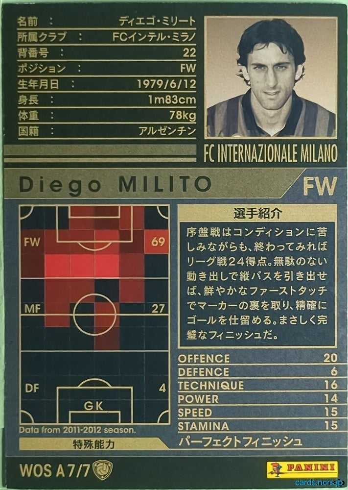 Panini WCCF Football WCCF/2011-2012-WOSA7/7 N Diego Milito Trading Card NM