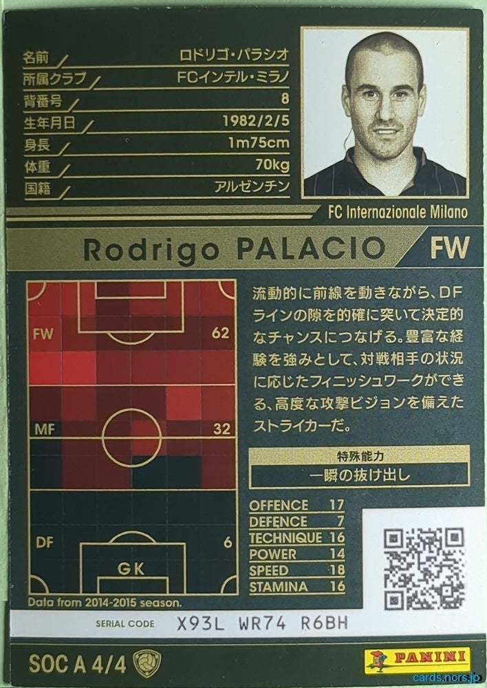 Panini WCCF Football WCCF/2014-2015-SOCA4/4 N Rodrigo PALACIO Trading Card NM