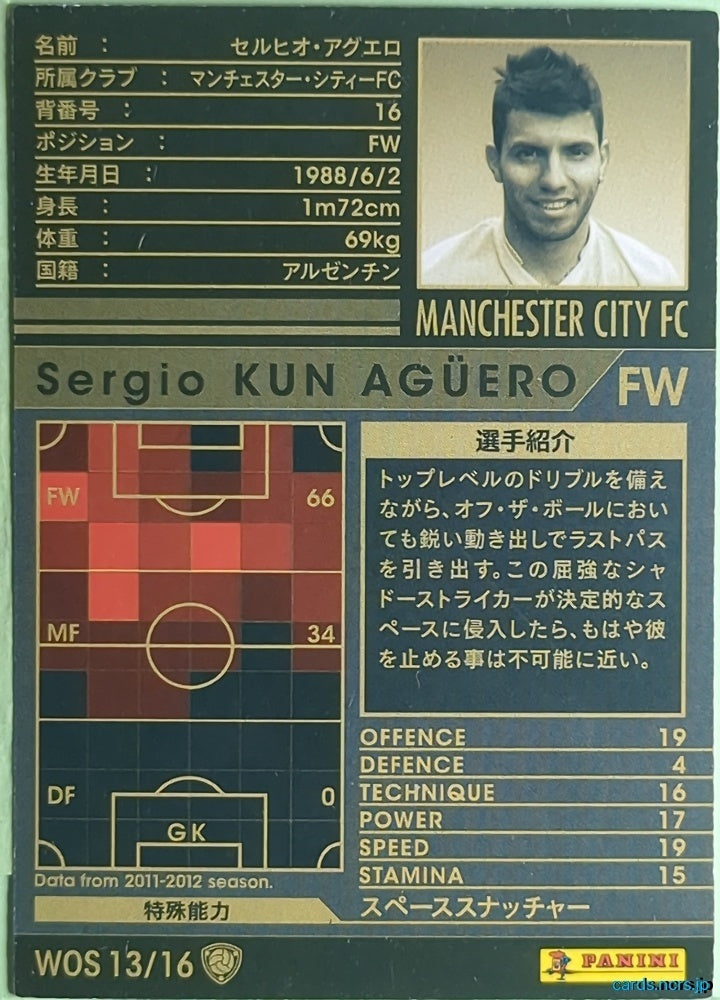 Panini WCCF Football WCCF/2011-2012-WOS13/16 N Sergio KUN AGÜERO Trading Card NM