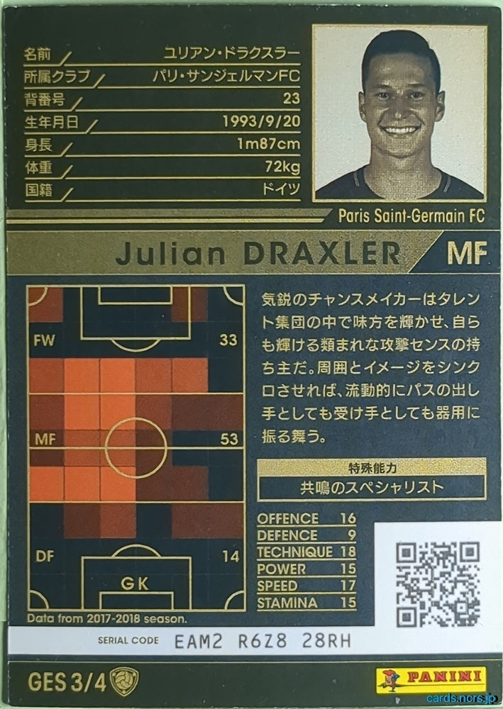 Panini WCCF Football WCCF/2017-2018-GES3/4 N Julian DRAXLER Trading Card NM