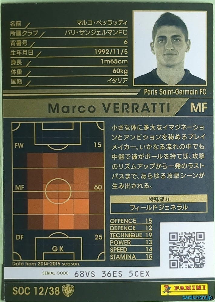 Panini WCCF Football WCCF/2015-2016-SOC12/38 N Marco VERRATTI Trading Card NM