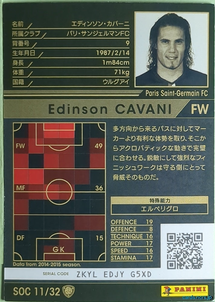 Panini WCCF Football WCCF/2014-2015-SOC11/32 N Edinson CAVANI Trading Card NM
