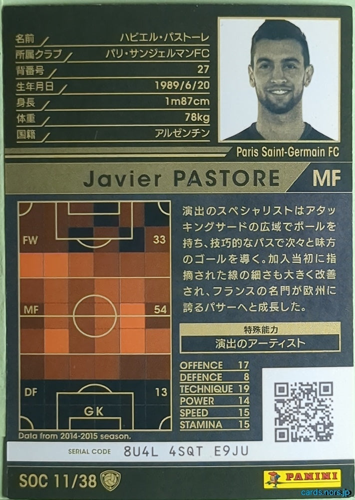Panini WCCF Football WCCF/2015-2016-SOC11/38 N Javier PASTORE Trading Card NM