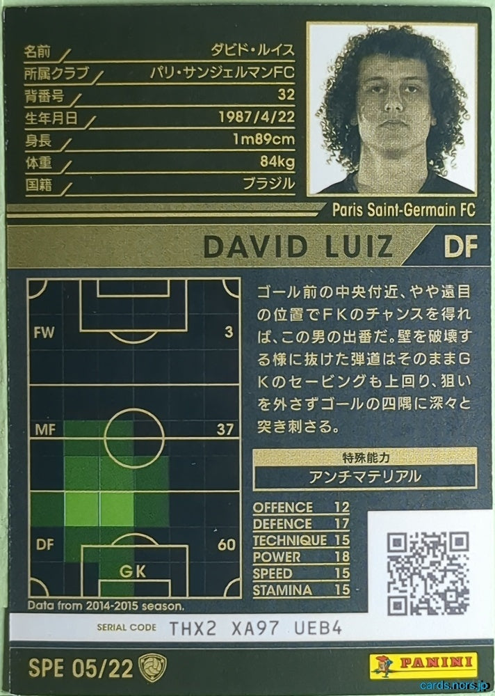 Panini WCCF Football WCCF/2015-2016-SPE05/22 N David Luiz Trading Card NM