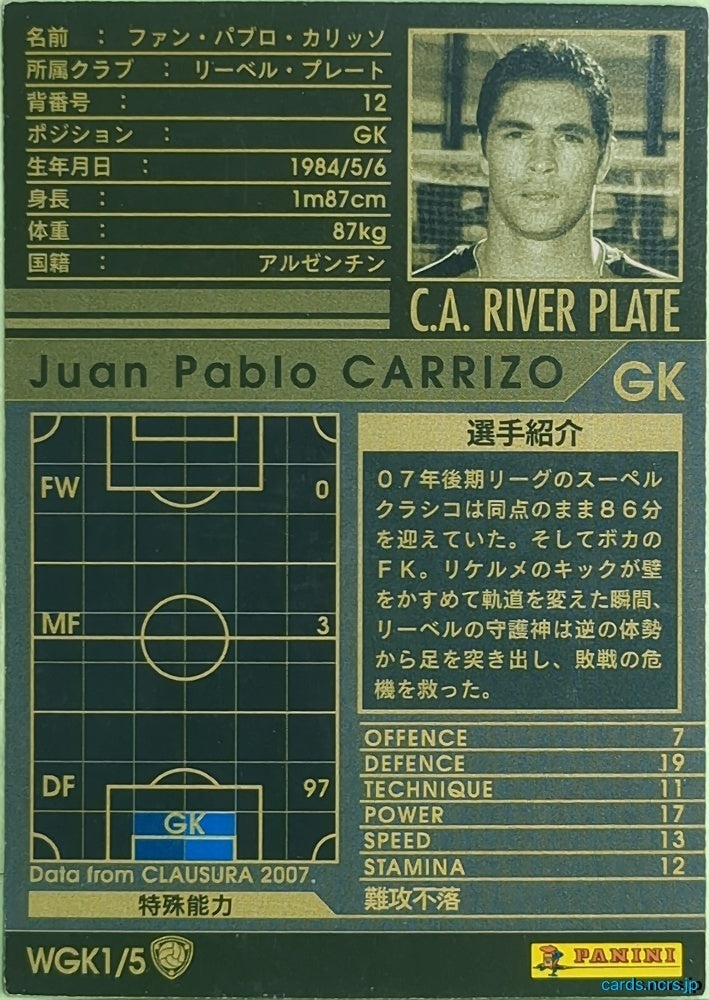 Panini WCCF Football WCCF/2007-2007-WGK1/5 N Juan Pablo Carrizo Trading Card NM