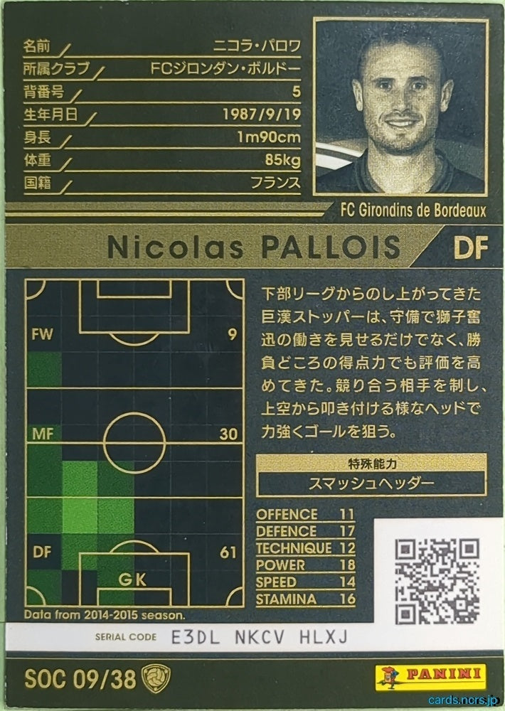 Panini WCCF Football WCCF/2015-2016-SOC09/38 N Nicolas Pallois Trading Card NM