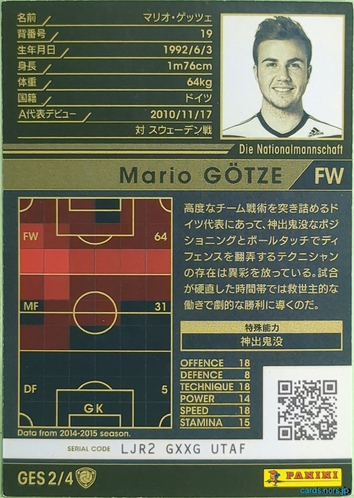 Panini WCCF Football WCCF/2014-2015-GES2/4 N Mario Götze Trading Card NM