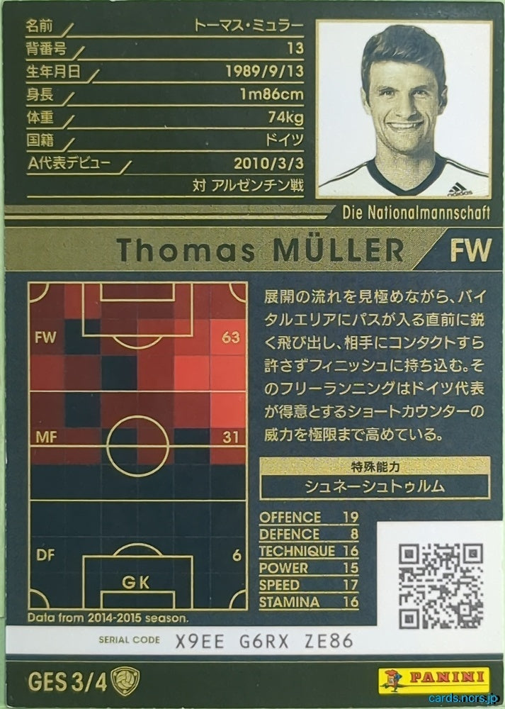 Panini WCCF Football WCCF/2015-2016-GES3/4 N Thomas Müller Trading Card NM