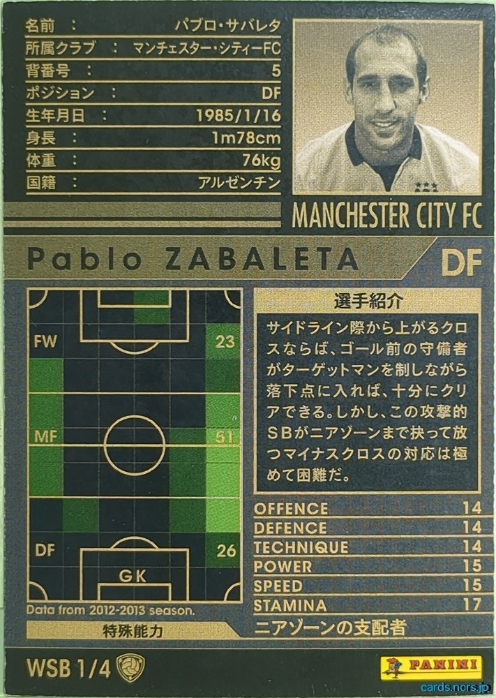 Panini WCCF Football WCCF/2012-2013-WSB1/4 N Pablo Zabaleta Trading Card NM