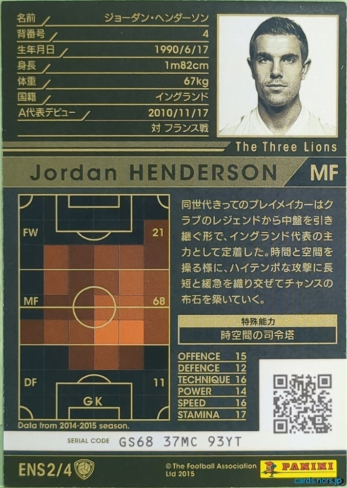 Panini WCCF Football WCCF/2015-2016-ENS2/4 N Jordan Henderson Trading Card NM