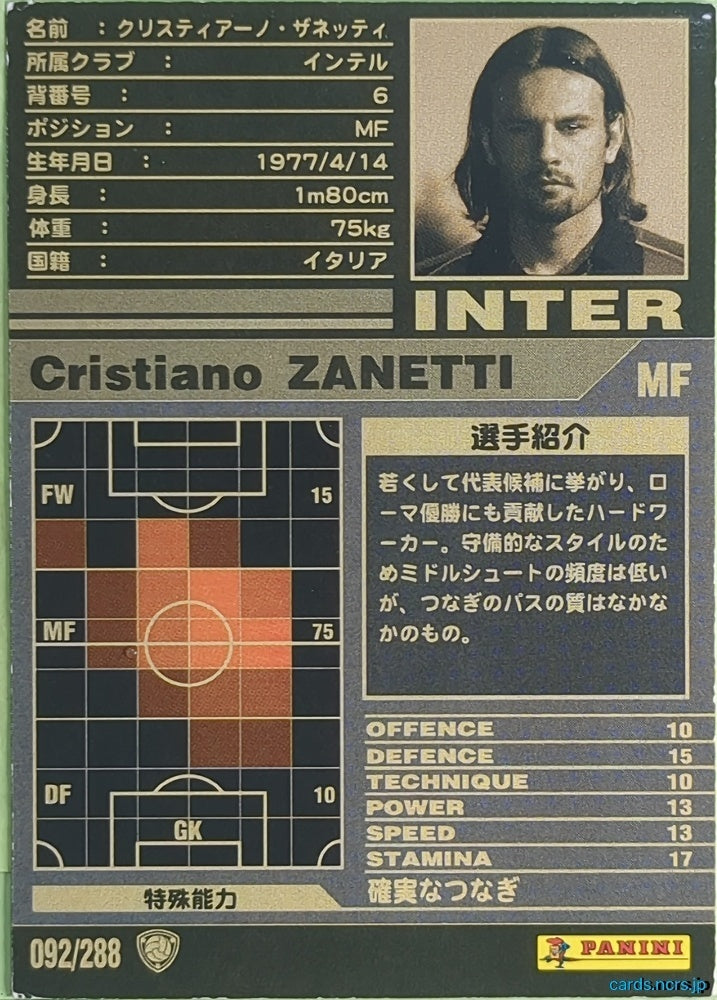 Panini WCCF Football WCCF/2001-2002-092/288 N Cristiano ZANETTI Trading Card NM