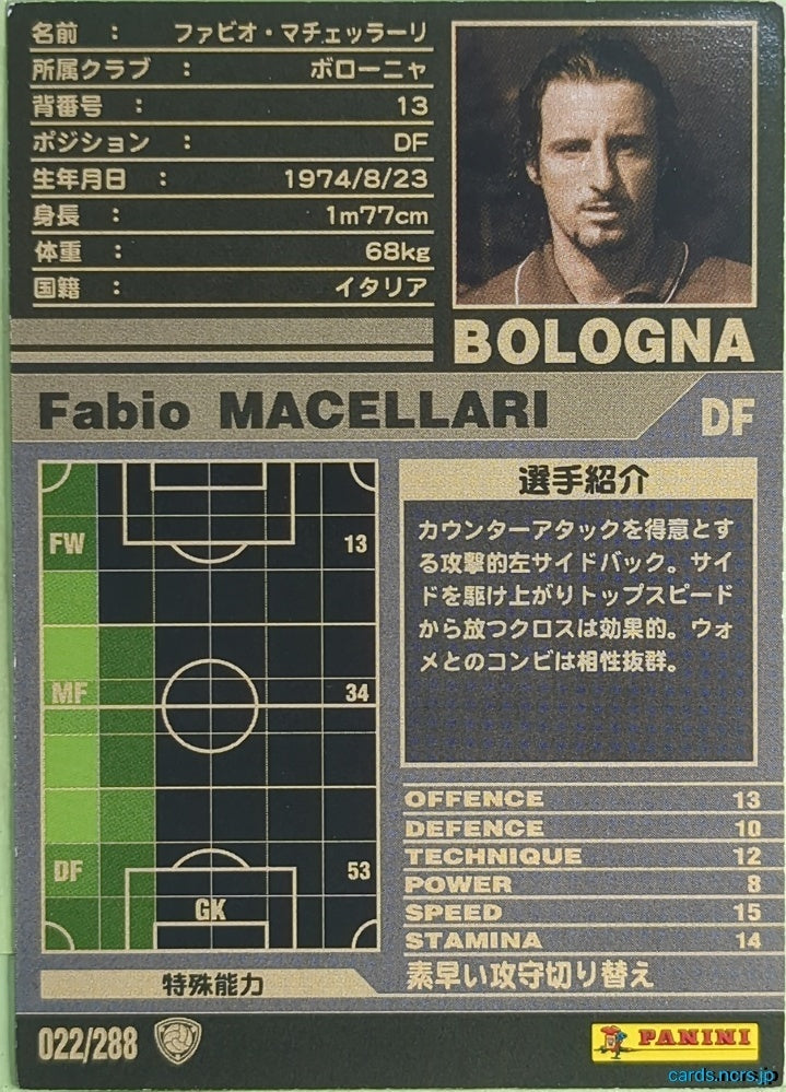 Panini WCCF Football WCCF/2001-2002-022/288 N Fabio Macellari Trading Card NM