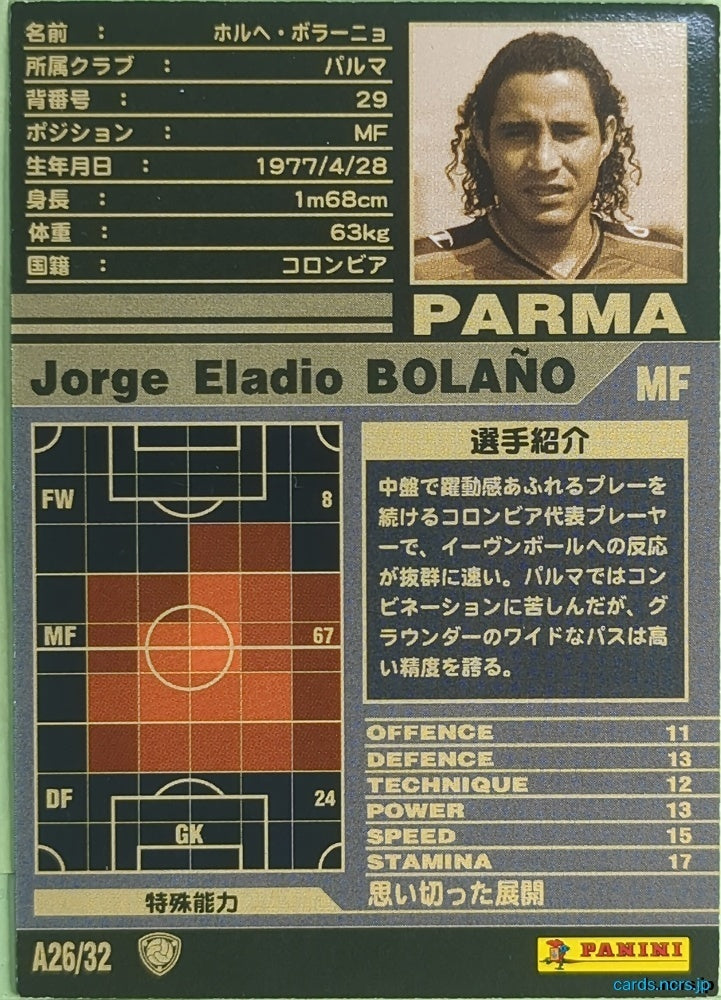 Panini WCCF Football WCCF/2001-2002-A26/32 N Jorge Eladio Bolaño Trading Card NM