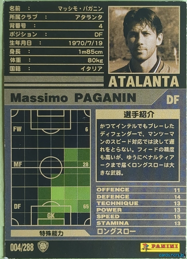 Panini WCCF Football WCCF/2001-2002-004/288 N Massimo Paganin Trading Card NM