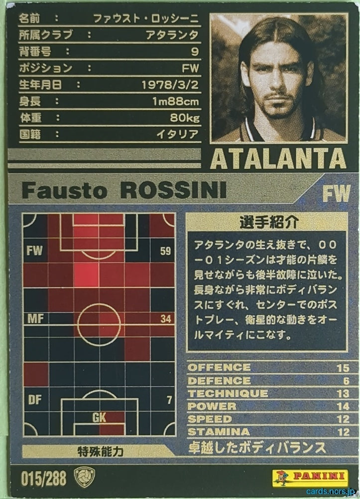 Panini WCCF Football WCCF/2001-2002-015/288 N Fausto ROSSINI Trading Card NM