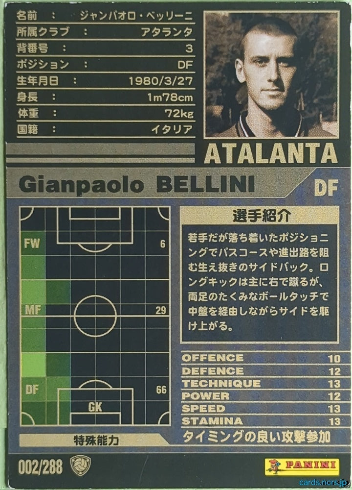 Panini WCCF Football WCCF/2001-2002-002/288 N Gianpaolo Bellini Trading Card NM