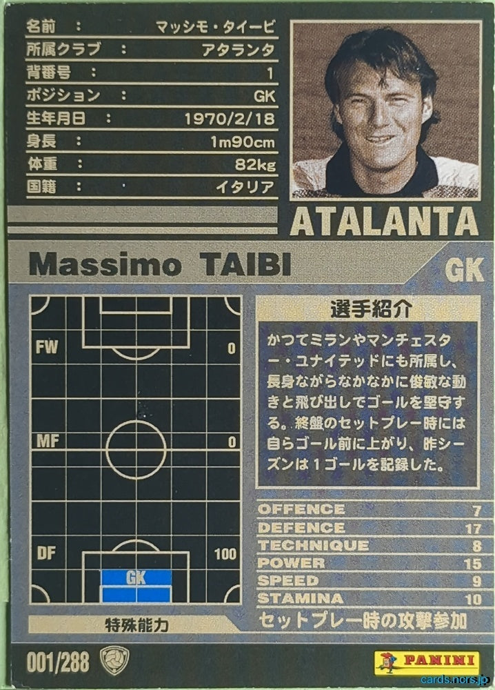 Panini WCCF Football WCCF/2001-2002-001/288 N Massimo Taibi Trading Card NM