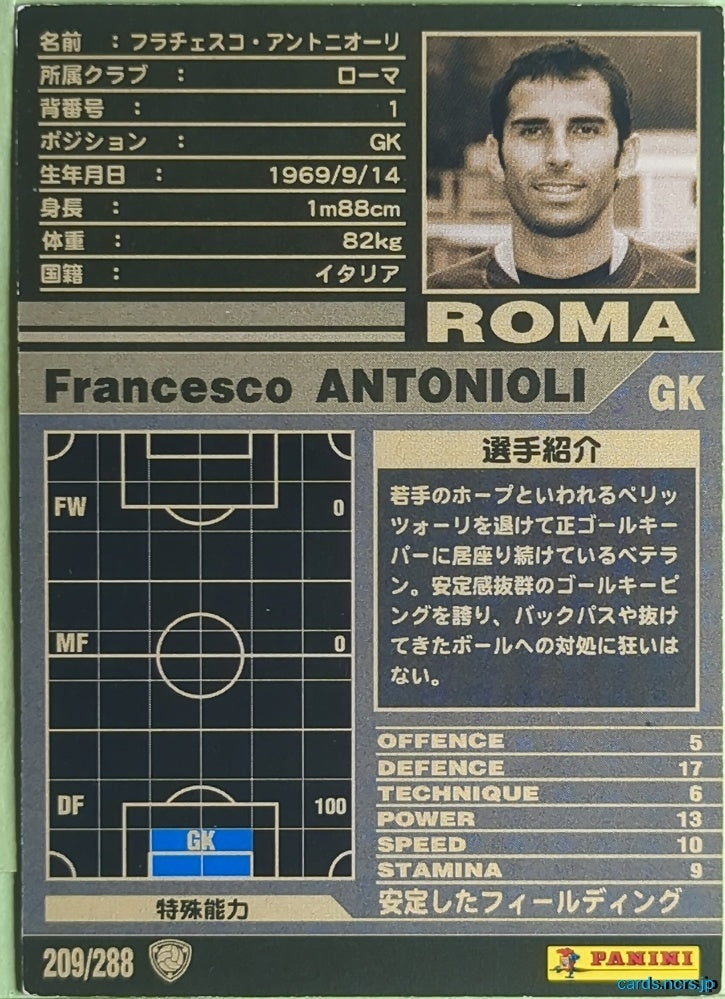 Panini WCCF Football WCCF/2001-2002-209/288 N Francesco Antonioli Trading Card EX