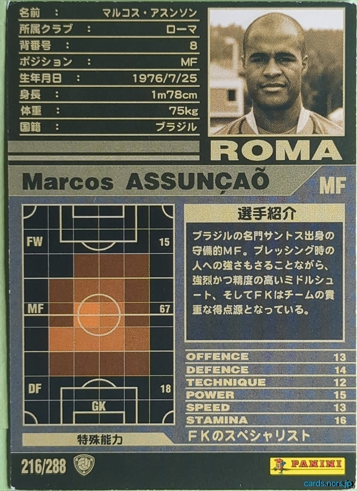 Panini WCCF Football WCCF/2001-2002-216/288 N Marcos Assuncao Trading Card EX