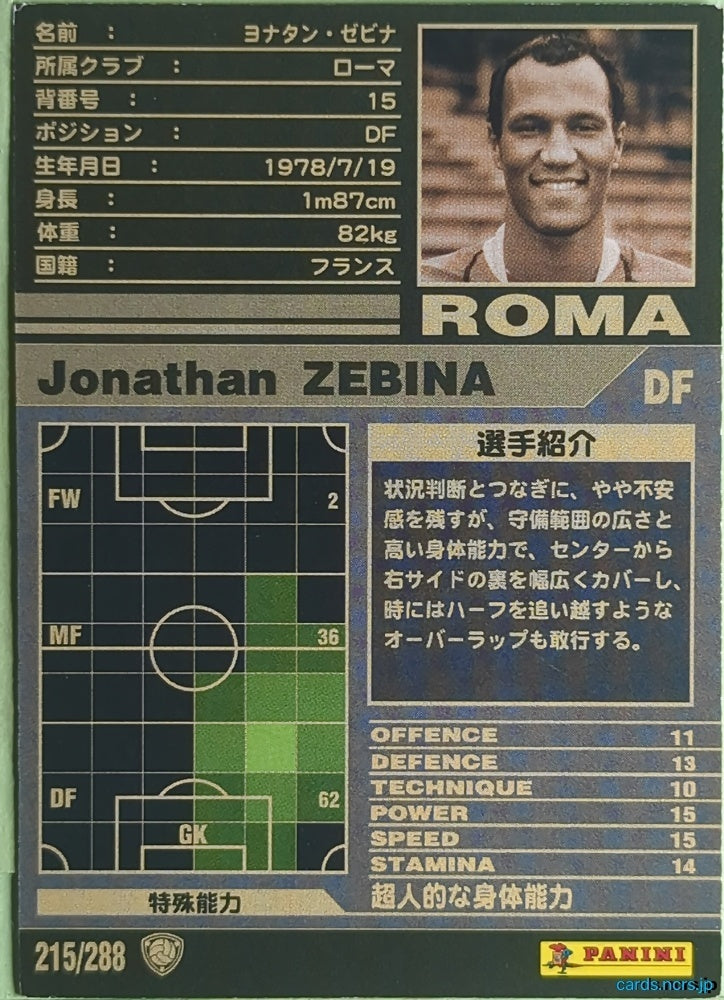 Panini WCCF Football WCCF/2001-2002-215/288 N Jonathan Zebina Trading Card EX