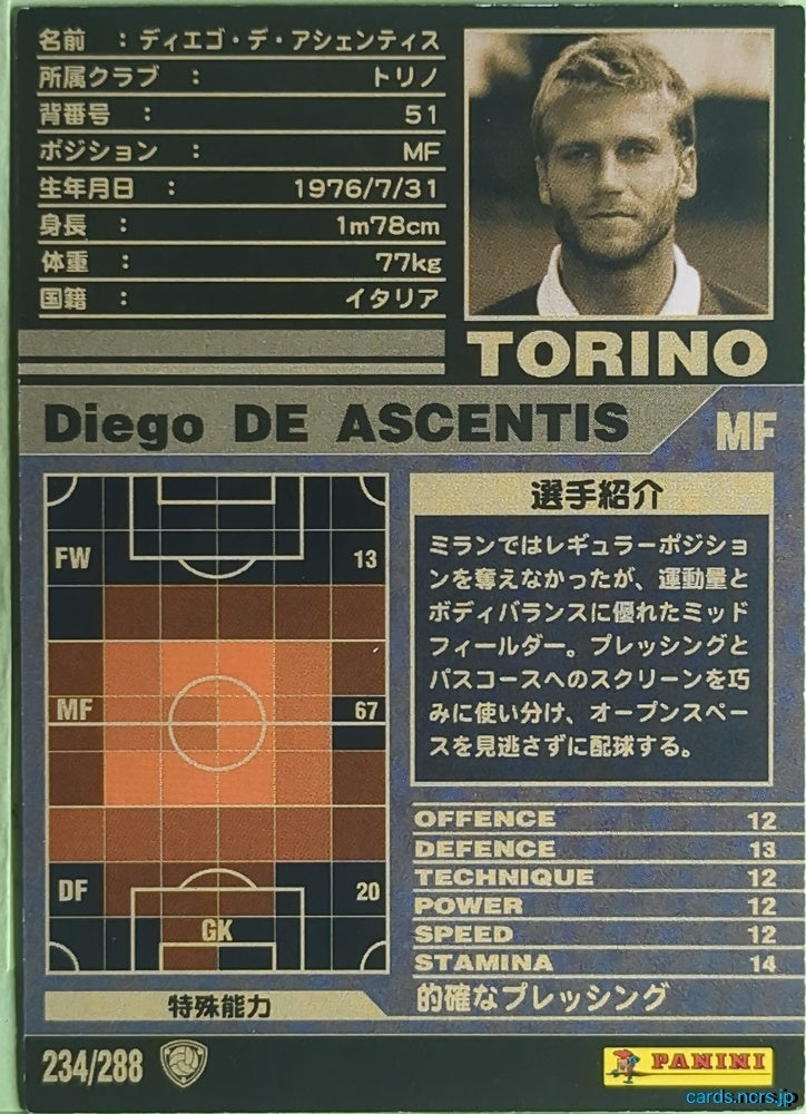 Panini WCCF Football WCCF/2001-2002-234/288 N Diego De Ascentis Trading Card NM