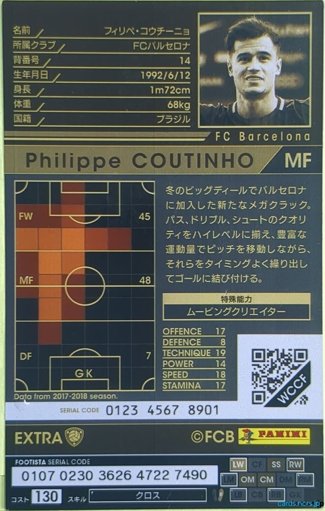 Panini WCCF Football WCCF/2017-2018-012345678901 N Philippe Coutinho Trading Card NM