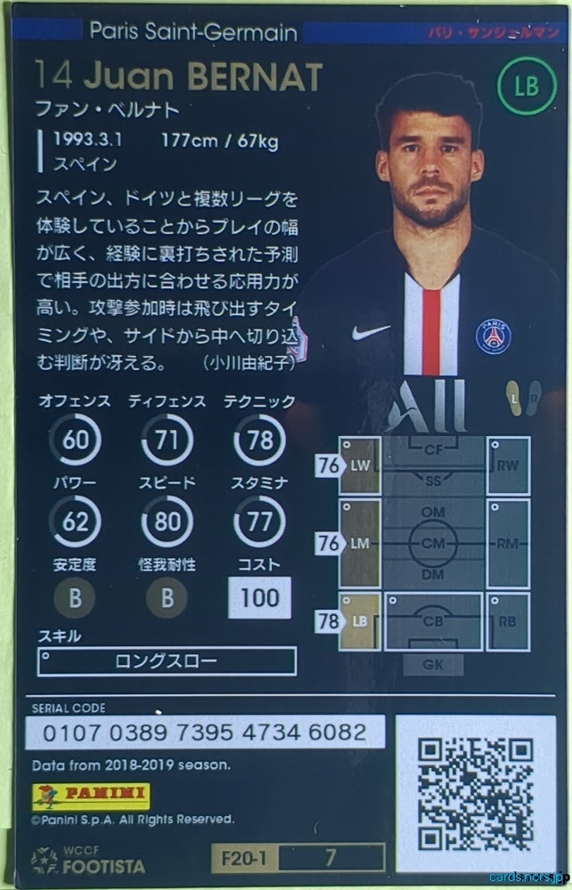 FOOTISTA Football FOOTISTA/F20-1-007 Juan Bernat Trading Card NM