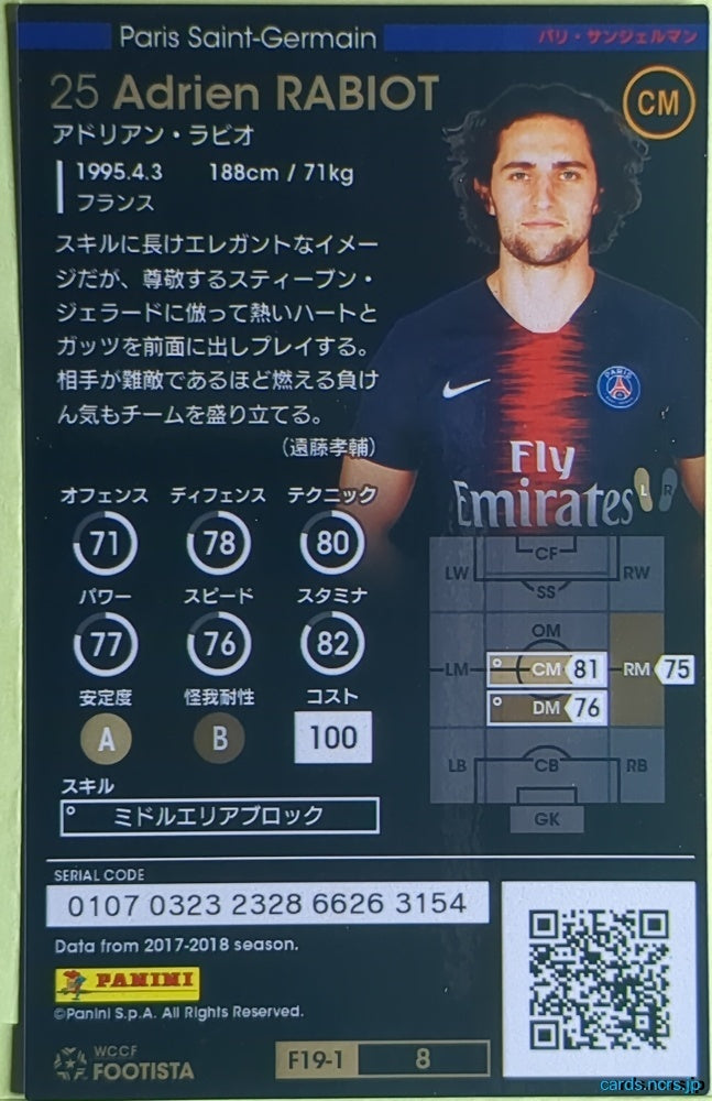 FOOTISTA Football FOOTISTA/F19-1-008 Adrien RABIOT Trading Card NM