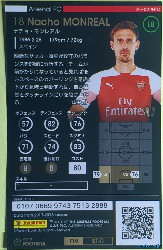 FOOTISTA Football FOOTISTA/F19-ST-R-ARS-18 Nacho Monreal Trading Card NM