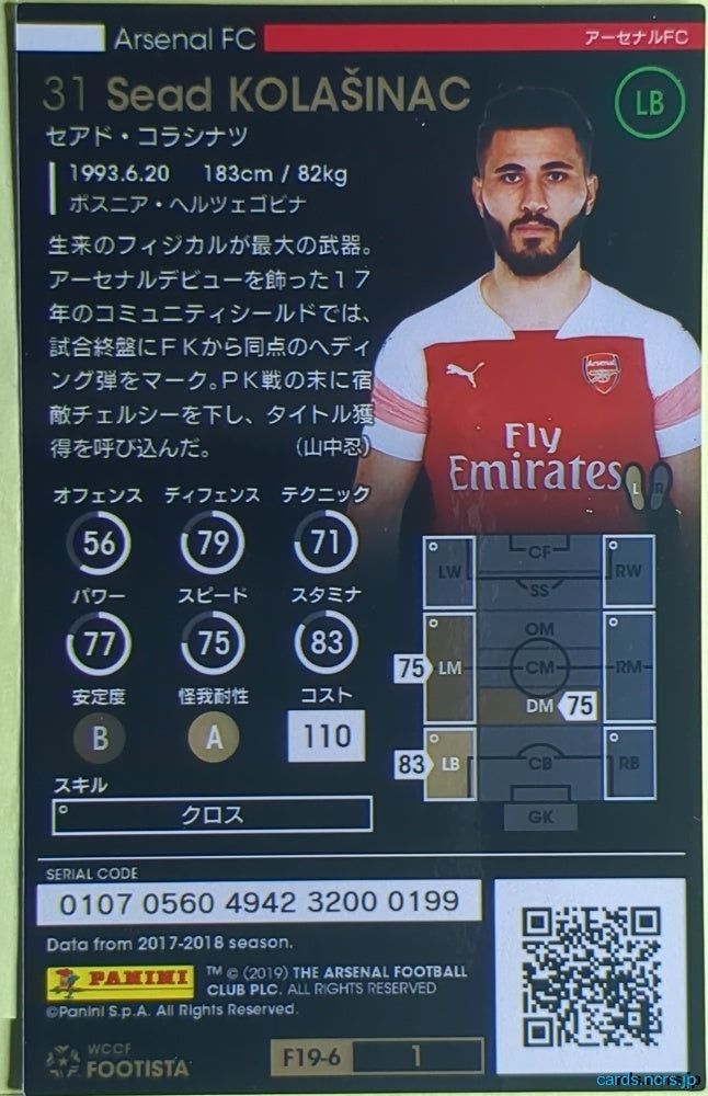 FOOTISTA Football FOOTISTA/F19-6-001 Sead Kolasinac Trading Card NM
