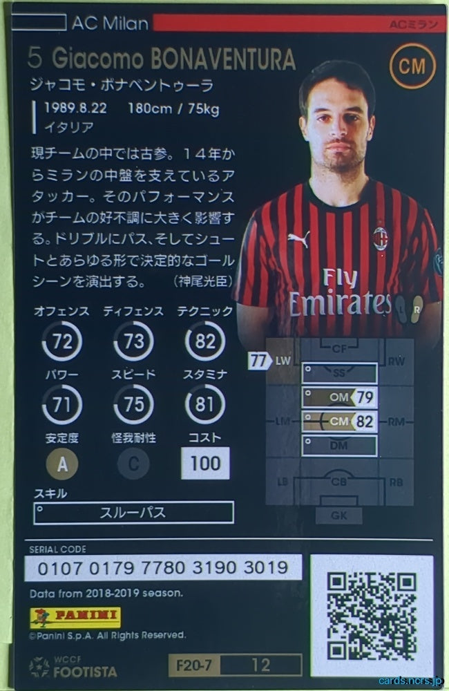 FOOTISTA Football FOOTISTA/F20-7-012 Giacomo Bonaventura Trading Card NM