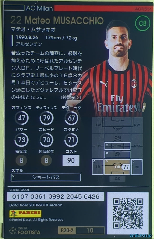 FOOTISTA Football FOOTISTA/F20-2-010 Mateo Musacchio Trading Card NM