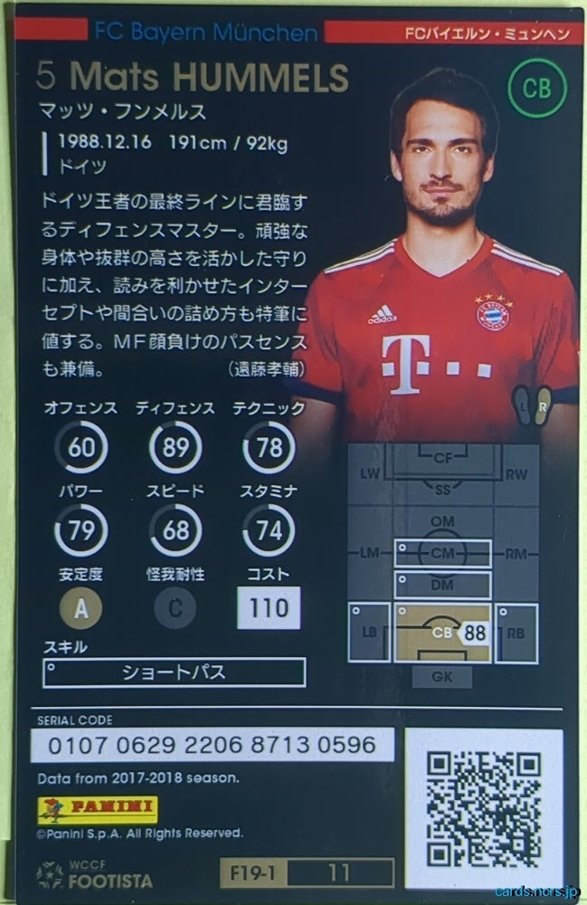 FOOTISTA Football FOOTISTA/F19-1-011 Mats Hummels Trading Card NM