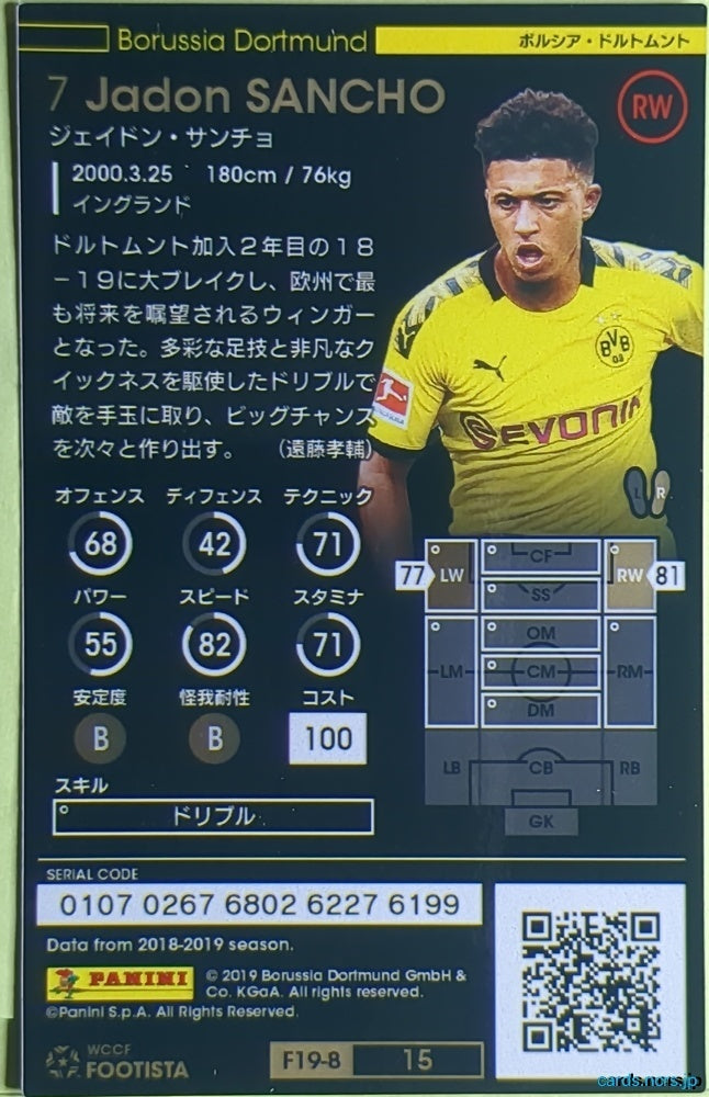 FOOTISTA Football FOOTISTA/F19-8-015 Jadon Sancho Trading Card NM