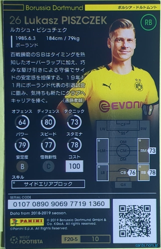FOOTISTA Football FOOTISTA/F20-5-010 Lukasz Piszczek Trading Card NM