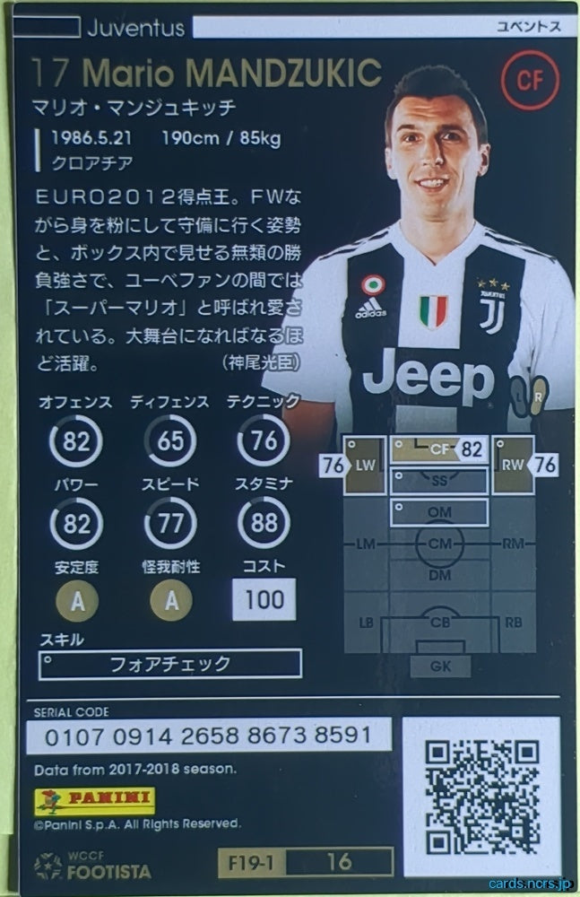 FOOTISTA Football FOOTISTA/F19-1-016 Mario Mandzukic Trading Card EX