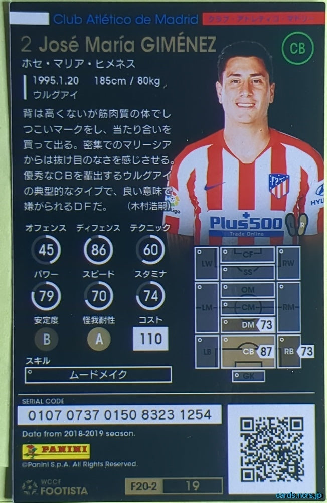 FOOTISTA Football FOOTISTA/F20-2-019 José María Giménez Trading Card EX