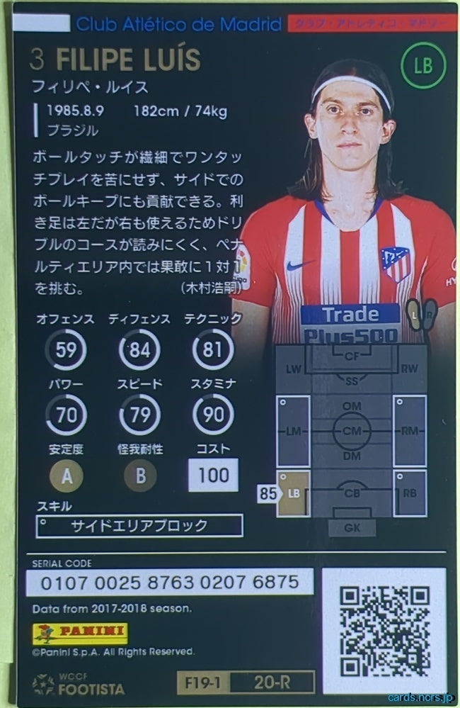 FOOTISTA Football FOOTISTA/F19-1-020-R Filipe Luís Trading Card EX