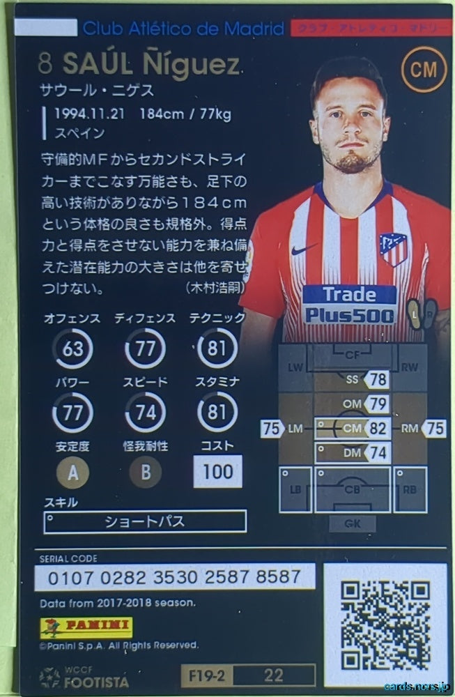 FOOTISTA Football FOOTISTA/F19-2-022 Saúl Ñíguez Trading Card EX