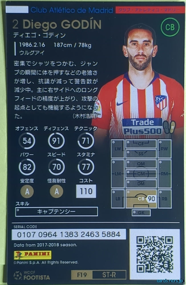 FOOTISTA Football FOOTISTA/F19-ST-R Diego GODIN Trading Card EX