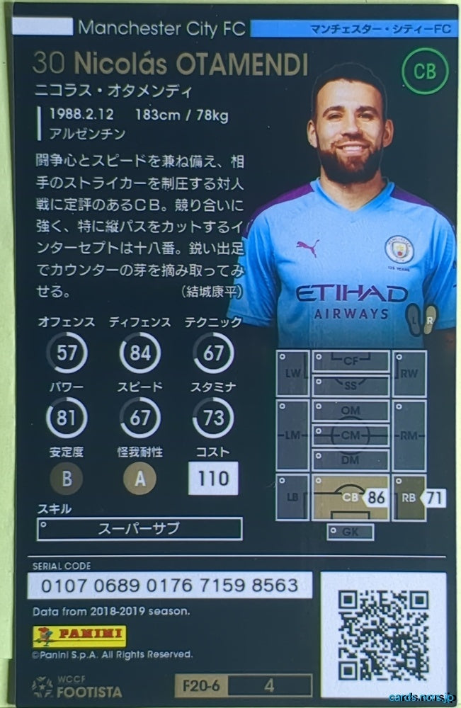FOOTISTA Football FOOTISTA/F20-6-004 Nicolás Otamendi Trading Card EX
