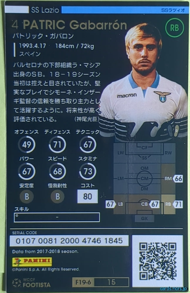 FOOTISTA Football FOOTISTA/F19-6-015 Patric Gabarrón Trading Card EX
