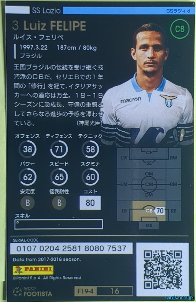 FOOTISTA Football FOOTISTA/F19-4-016 Luiz Felipe Trading Card EX