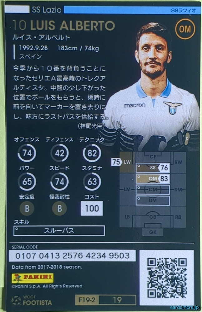 FOOTISTA Football FOOTISTA/F19-2-019 Luis Alberto Trading Card EX