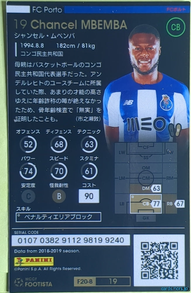 FOOTISTA Football FOOTISTA/F20-8-019 Chancel Mbemba Trading Card EX